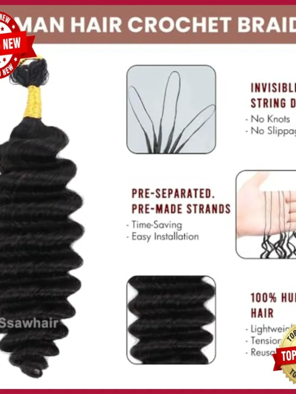 Deep Wave Crochet Human Hair Extensions 14 Inch Pre-Separated Reusable